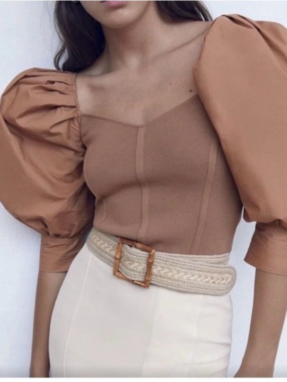 Zara Women's Tan Puff Sleeve Corset Blouse